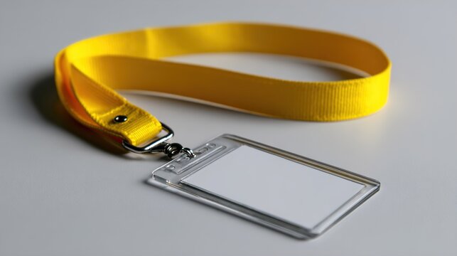 An empty ID badge with a bright yellow lanyard, perfect for personalizing for events or work environments.