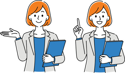 Cartoon business person with orange hair holding folder, vector illustration, professional gestures, pointing, presenting, smiling, workplace, education, corporate, character