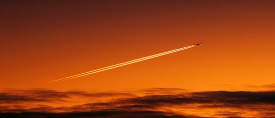 Airplane in Flight with Contrails Against a Vibrant Sunset Sky Over Calm Clouds and Landscape