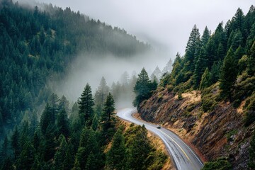 Serene Winding Road Through Misty Forest Landscape in Mountain Terrain During Foggy Conditions