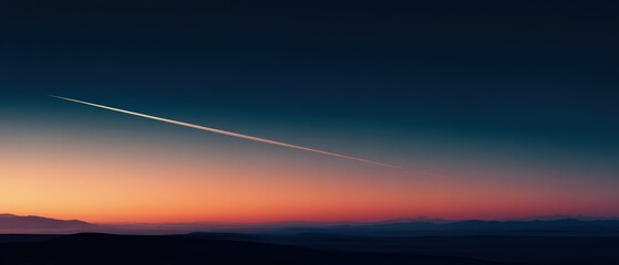 Vibrant Sunset Sky with Contrail Over Mountain Range, Captivating Gradients of Orange and Blue