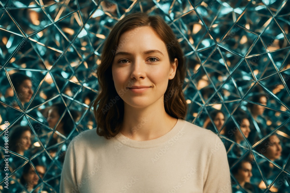Poster woman standing in front of geometric mirrored wall with abstract reflections and glowing light backg