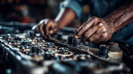 Mechanic hands expertly working on car engine performing repairs and maintenance showing craftsmanship and expertise in automotive industry.