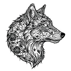 Intricate black and white wolf head illustration with decorative floral rose and leaf patterns. © Alisya Design
