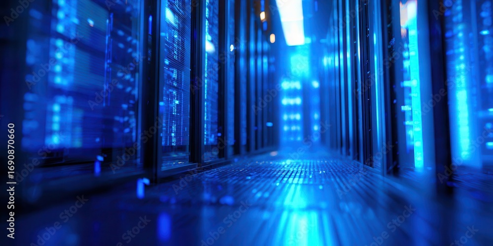 Poster futuristic data center interior with blue led lights and high-tech server racks for modern computing