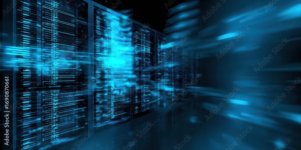 Aufkleber futuristic data center with dynamic blue lights representing data flow and technology in a digital e