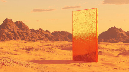 Surreal orange desert with glowing monolith reflecting sunlight, surrounded by rugged mountains under a golden sky.