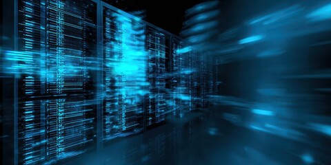 Futuristic Data Center with Dynamic Blue Lights Representing Data Flow and Technology in a Digital Environment