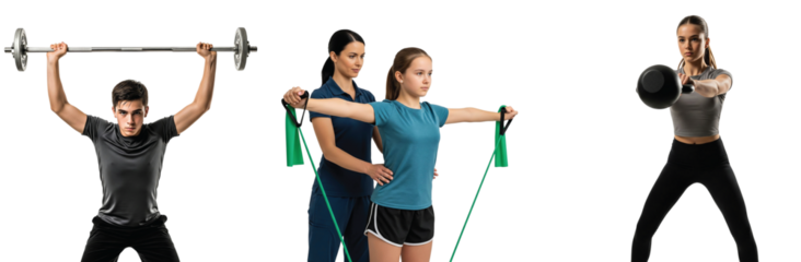 A set of fitness concepts with young people exercising on a white background. Includes weightlifting with a barbell, resistance band training, and kettlebell workouts