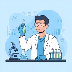 modern cartoon illustration of a smiling male scientist or chemist, wearing a lab coat and safety goggles