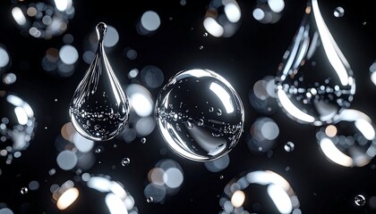 Reflective chrome liquid drops floating on an abstract dark background
