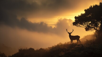 Majestic stag silhouetted against a dramatic sunset with misty landscape and clouds in the background