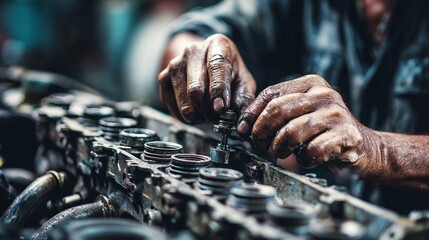 Skilled mechanic restoring a heavy diesel engine showing greasy hands meticulously working on intricate parts with precision.
