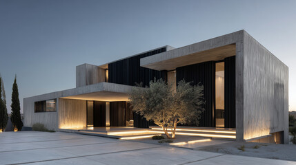 contemporary and minimalist residential property. modern architecture, sleek lines, and calm surroundings. twilight lighting enhances peaceful atmosphere, complemented by soft exterior illumination.