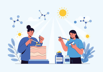 Scientists applying cosmetic ingredients to skin model under sunlight