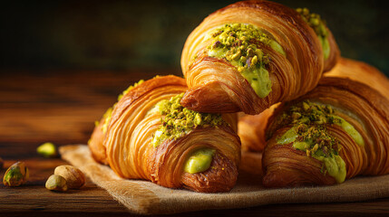 A stack of pistachio croissants on a wooden surface in a dark setting