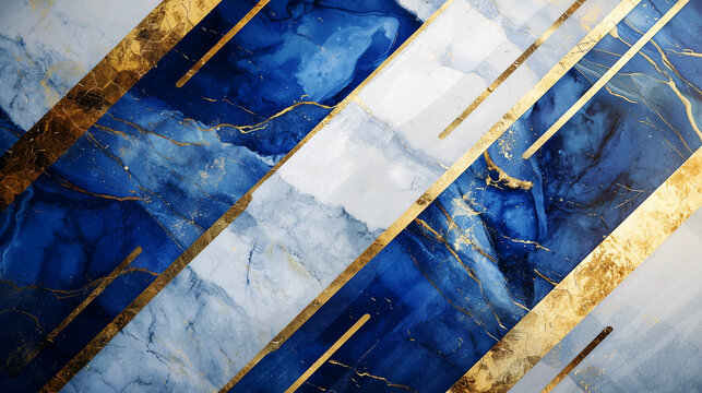 Elegant abstract background with blue marble texture, gold lines, and luxury geometric patterns in fluid modern style.