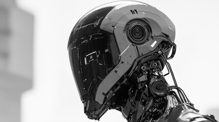 Fototapeta premium Black sci-fi humanoid robot with a glossy high-tech helmet and mechanical components, shown in dramatic profile view