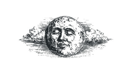 Personified moon face with closed eyes surrounded by stylized clouds. Vector hand drawn illustration