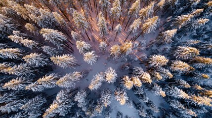 Aerial View of Snow-Covered Evergreen Forest in Winter Morning Light with Warm Tones and Shadows