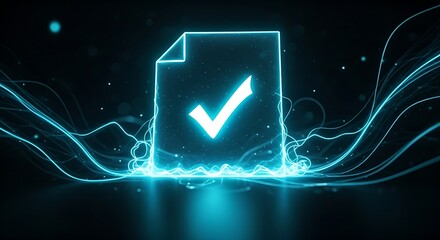 Secure Digital Document With A Futuristic Glowing Checkmark Ensures Data Validation And Compliance Easily