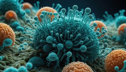 Obraz premium Microscopic View Of A Fungal Spore Cluster With Orange Spheres