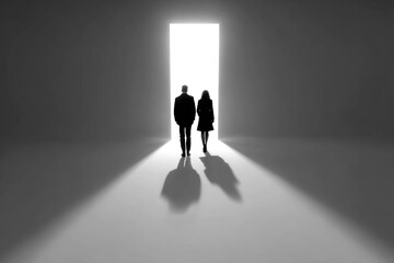 Silhouettes of man and woman walking toward bright open doorway, casting long shadows on floor, creating surreal and mysterious atmosphere in minimalistic interior