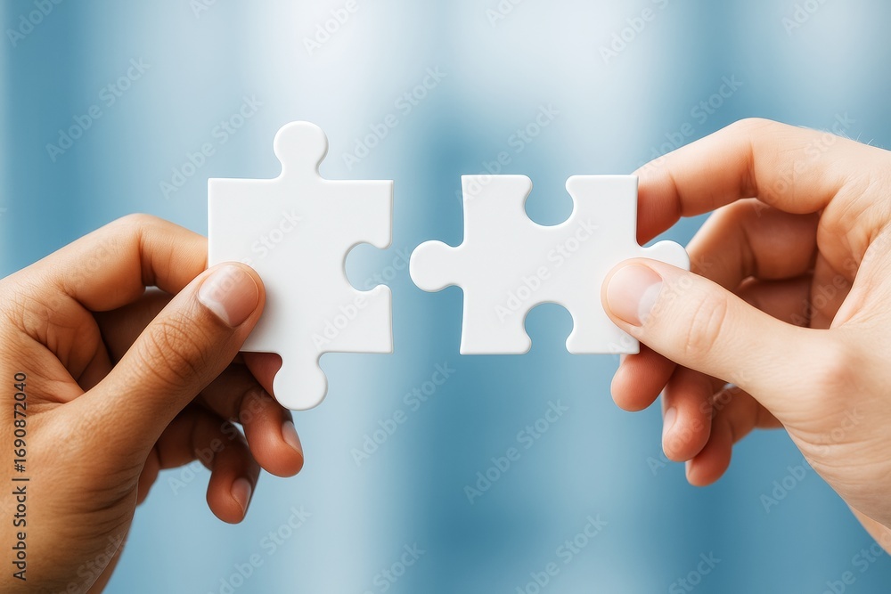 Poster two hands connecting white puzzle pieces together symbolizing teamwork and partnership on light blue