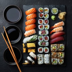 Freshly Prepared Sushi Selection on Slate Platter with Soy Sauce, Wasabi, and Pickled Ginger