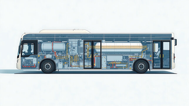 Detailed side view of a modern public transport bus with a transparent chassis revealing its internal hydrogen fuel cell engine and components