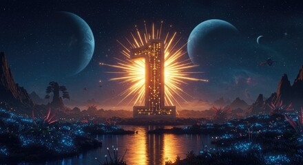 SciFi Alien Landscape with Glowing Number One Monument