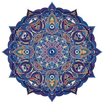 Ornate blue and purple mandala with protective evil eye symbols and sacred geometry.