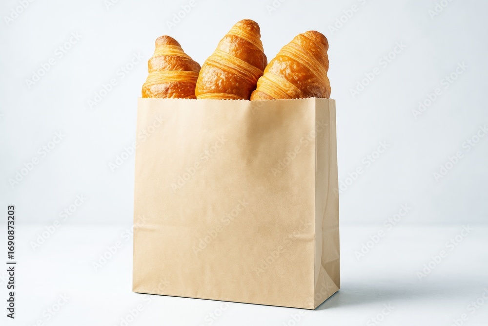 Poster three croissants in kraft paper bag mockup on white background for branding or presentation design p