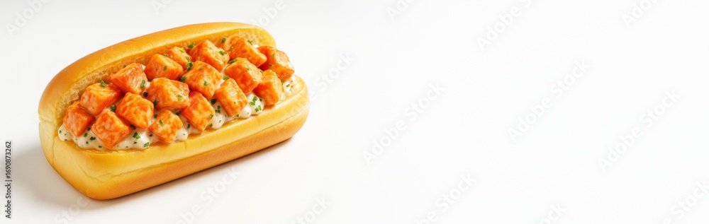 Poster delicious sandwich with diced orange-glazed chicken and creamy sauce inside a bun on white backgroun