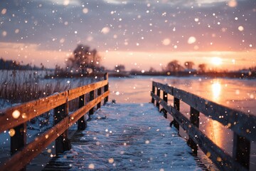 Snowy Sunrise Over Calm Water with Wooden Bridge in Winter Landscape Thick with Falling Snowflakes