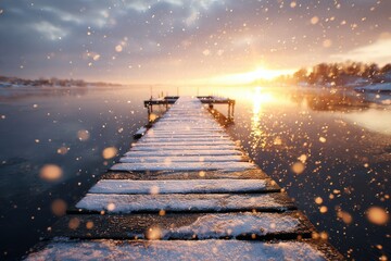 Beautiful Winter Sunrise Over Snowy Dock by Calm Water Under Soft Falling Snowflakes