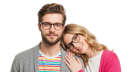 Happy young couple wearing eyeglasses isolated on transparent background woman leaning on mans shoulder and smiling