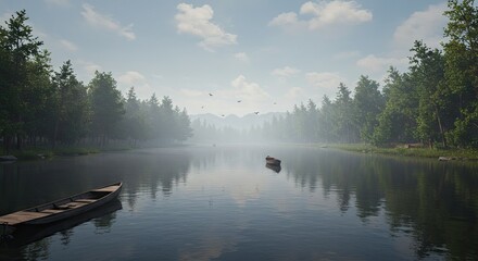 Tranquil Lake with Boats Amidst Misty Forest and Blue Sky - Serene Nature Landscape