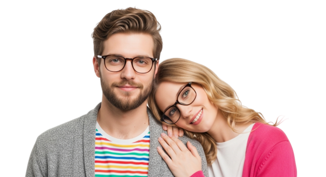 Happy young couple wearing eyeglasses isolated on transparent background woman leaning on mans shoulder and smiling - Powered by Adobe