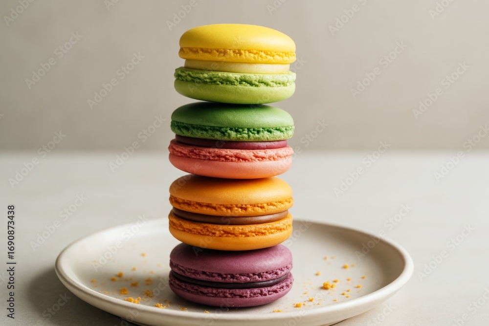 Poster stack of colorful macarons arranged on a white plate with soft natural light and neutral background,