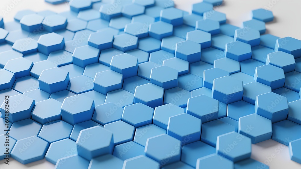 Poster interlocking hexagonal shapes in varying shades of blue form a visually striking modern background. 
