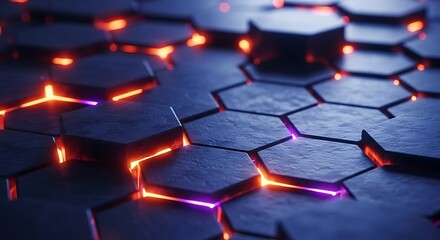 Obraz premium Abstract hexagonal grid with glowing orange and purple edges for modern technology background