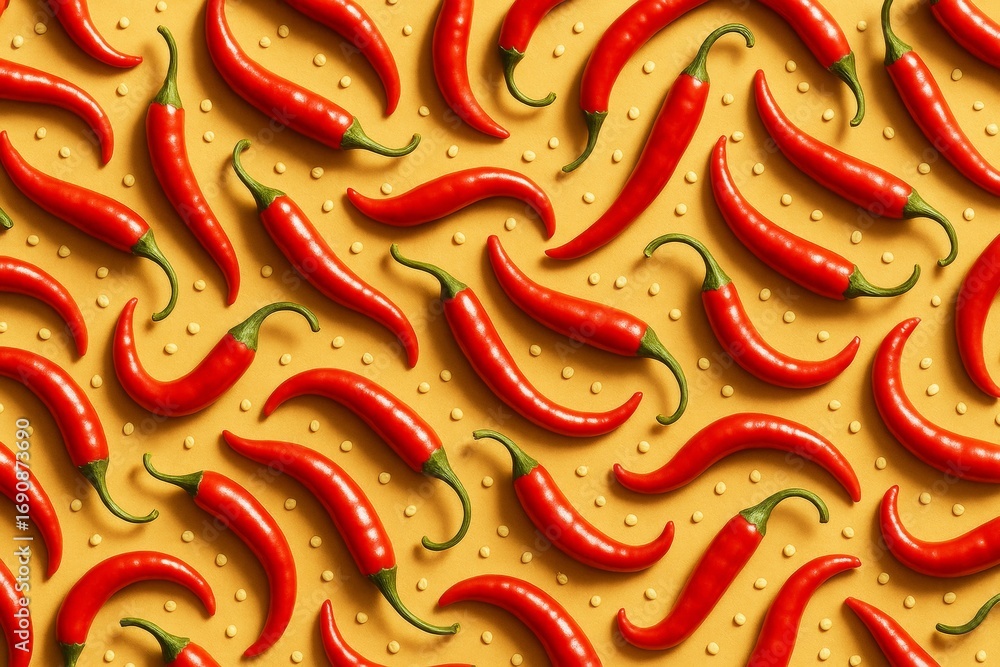 Poster red chili peppers and seeds arranged in a seamless repeating pattern on a bright yellow background w