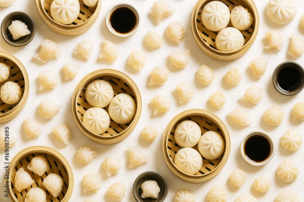 Poster steamed dumplings and bao buns in bamboo baskets with soy sauce on light background, arranged in sea