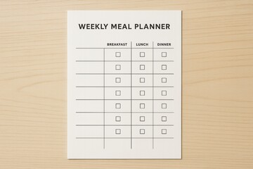Minimalist weekly meal planner sheet with checkboxes for breakfast, lunch, and dinner placed on a light wooden background surface. Ai generative