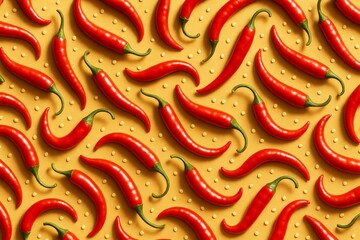Red chili peppers and seeds arranged in a seamless repeating pattern on a bright yellow background with strong light and shadow concept. Ai generative