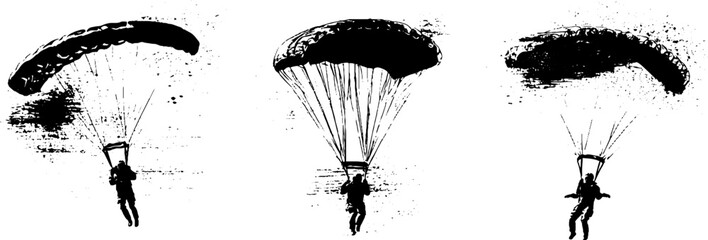 Grunge black and white parachute silhouette set for urban design and decor