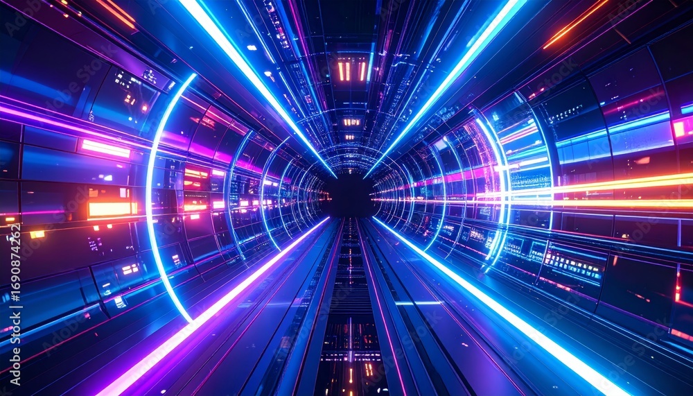 Poster A high-tech futuristic tunnel glowing with neon lights and data streams, creating the illusion of light speed travel through a digital cyberworld.