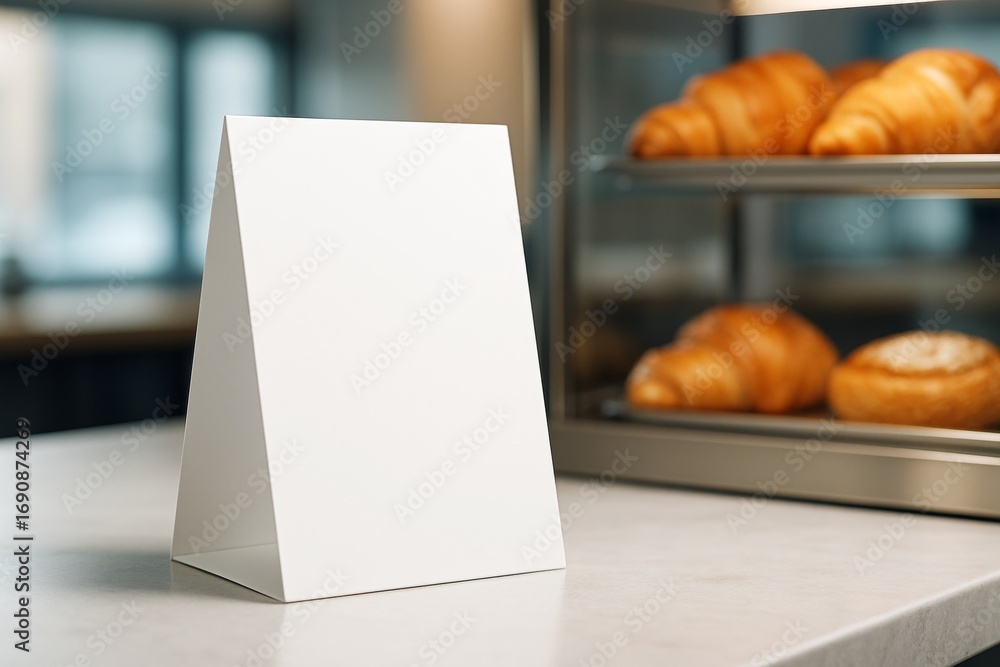 Poster blank table tent mockup on counter in bakery setting with croissants in background, perfect for bran