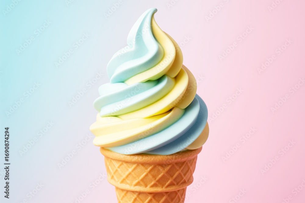 Poster colorful pastel soft serve ice cream cone with swirl design against a light abstract background of b